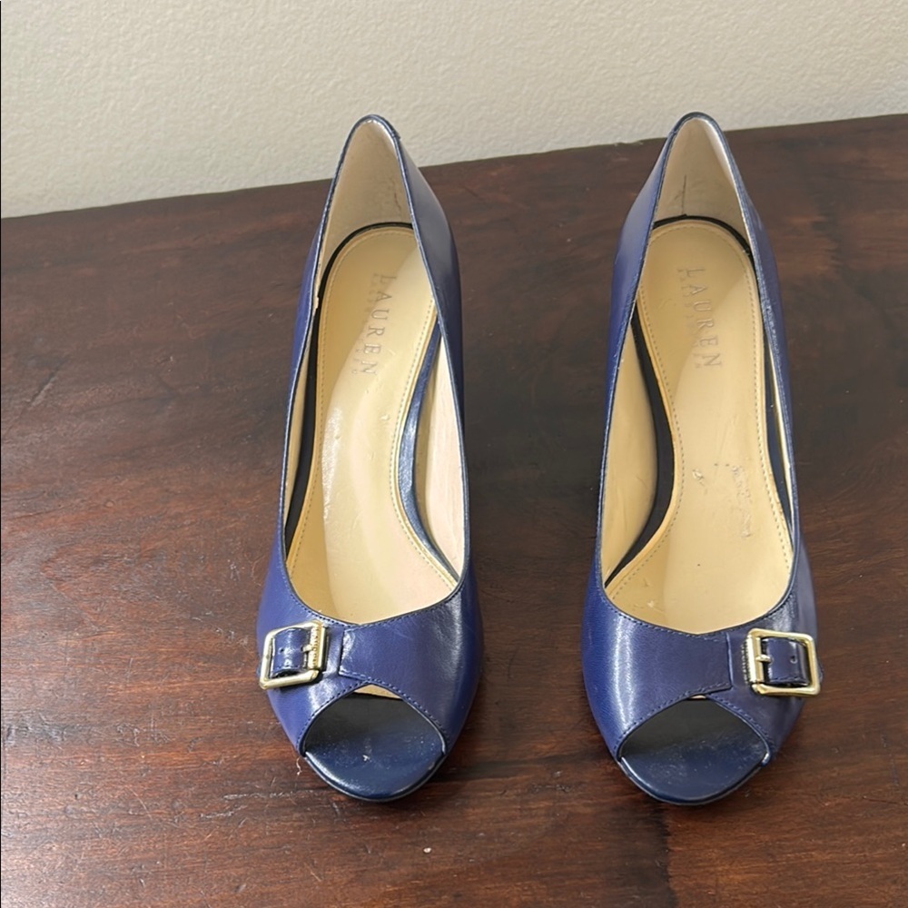 Ralph Lauren Blue Peep-Toe Heels with Buckle Sz8.5 - Picture 7 of 11